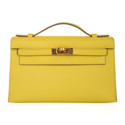 Kelly Pochette Bag Lime Clutch Gold Hardware Swift Leather