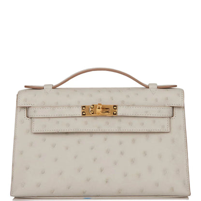 Kelly Pochette Gris Perle Ostrich Gold Hardware