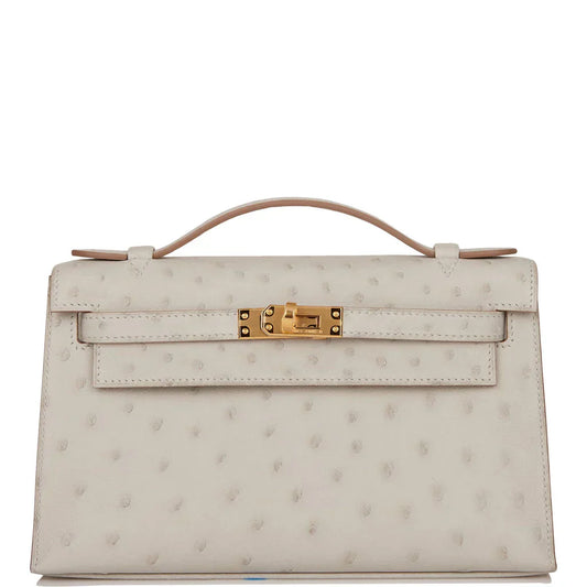 Kelly Pochette Gris Perle Ostrich Gold Hardware