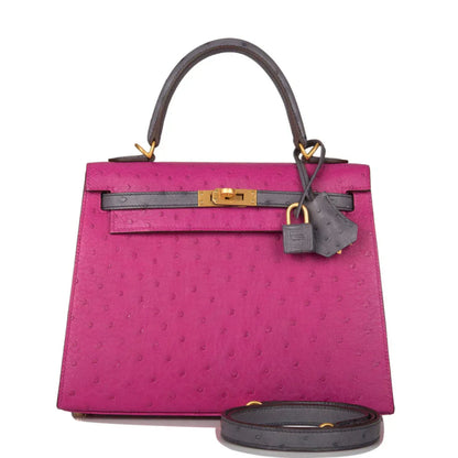Kelly Sellier 25 Rose Pourpre and Gris Agate Ostrich Brushed Gold Hardware