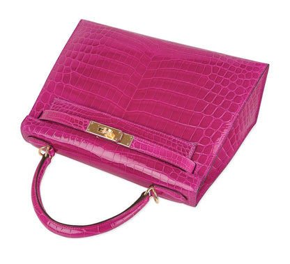 Kelly 28 Sellier Bag Rose Scheherazade Crocodile Gold Hardware