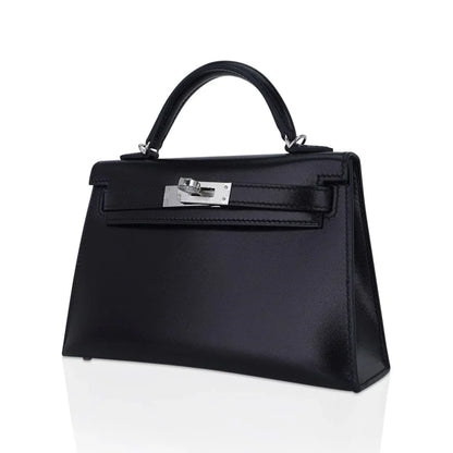 Kelly 20 Sellier Black Box Leather Mini Bag Palladium Hardware