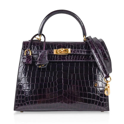 Kelly 25 Bag Sellier Crocodile Prunoir Gold Hardware
