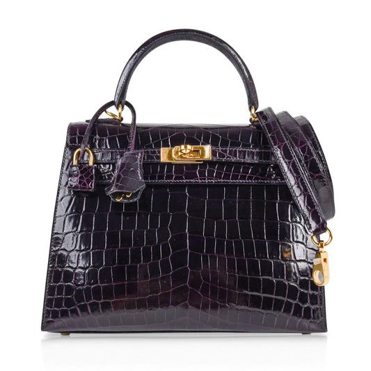 Kelly 25 Bag Sellier Crocodile Prunoir Gold Hardware