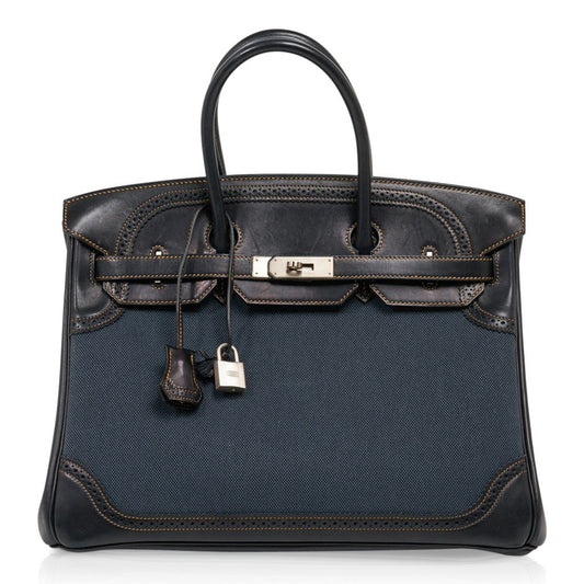 Birkin 35 Ghillies Denim Fonce Toile / Black Evercalf Bag Limited Edition