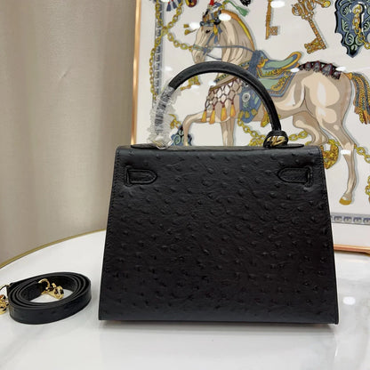 Kelly 25 Sellier Black Ostrich Gold Hardware