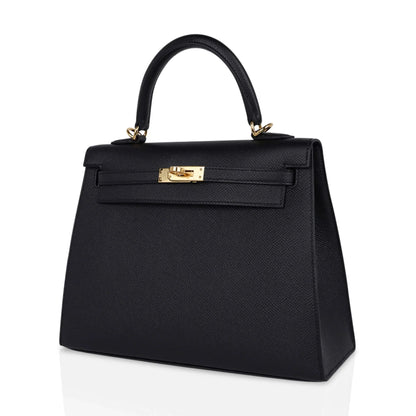 Kelly Sellier 25 Bag Black Epsom Gold Hardware New