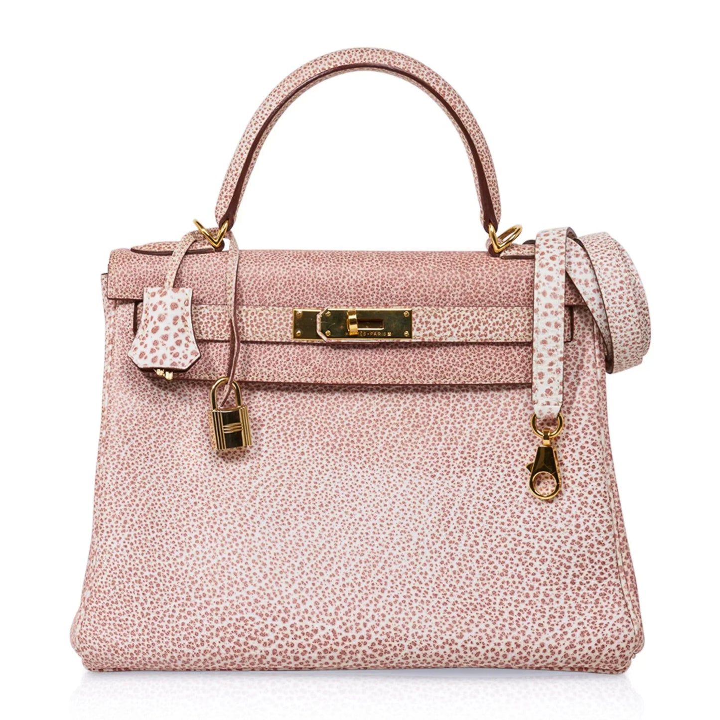 Kelly 28 Pink Dalmation Buffalo Skipper Leather Bag Gold Hardware