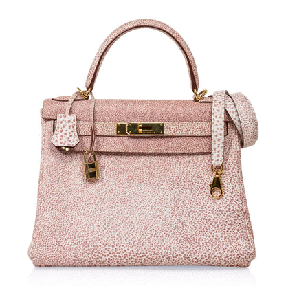 Kelly 28 Pink Dalmation Buffalo Skipper Leather Bag Gold Hardware
