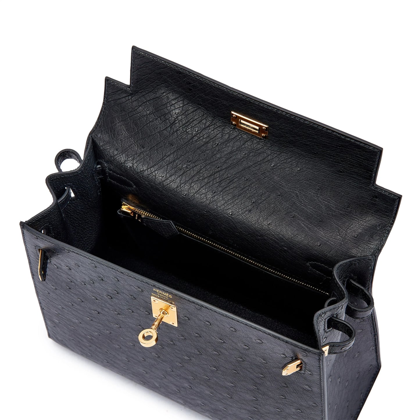 Kelly 25 Sellier Black Ostrich Gold Hardware