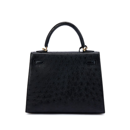 Kelly 25 Sellier Black Ostrich Gold Hardware