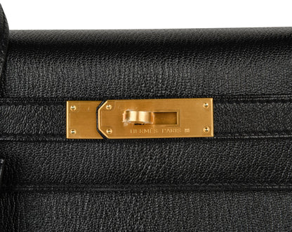 Kelly HSS 28 Bag Sellier Black Chevre Vermillion Interior Brushed Gold