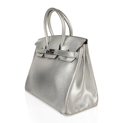 Limited Edition Birkin 30 Bag Silver Metallic Chevre Leather with Palladium Hardware