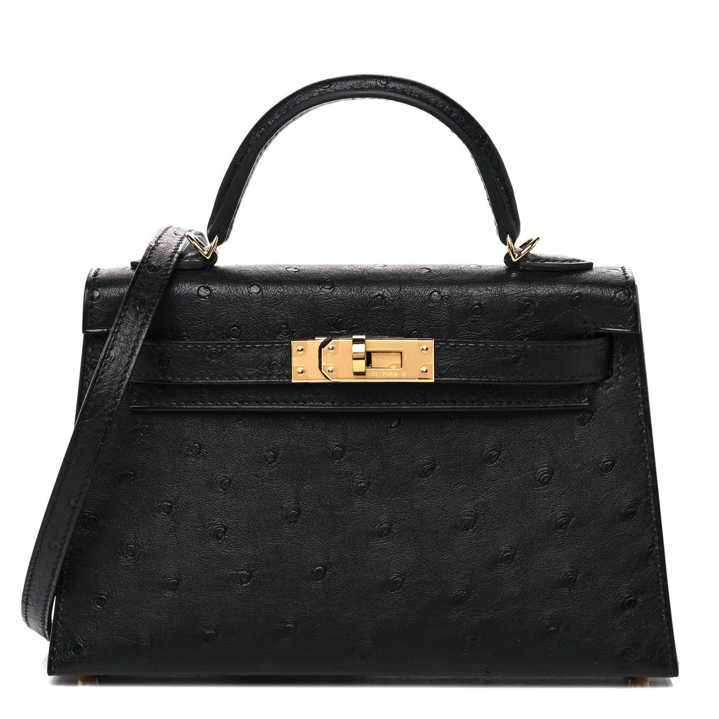 Kelly Sellier Mini 20 Black Ostrich Gold Hardware