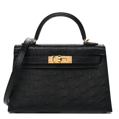 Kelly Sellier Mini 20 Black Ostrich Gold Hardware