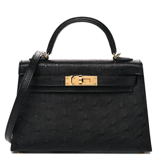 Kelly Sellier Mini 20 Black Ostrich Gold Hardware