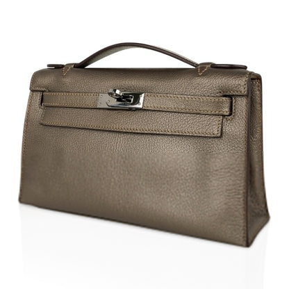 Kelly Pochette Metallic Bronze Clutch Bag Chevre Palladium