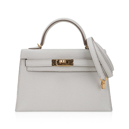 Mini Kelly 20 Bag Sellier Mushroom Chevre with Gold Hardware