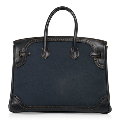Birkin 35 Ghillies Denim Fonce Toile / Black Evercalf Bag Limited Edition