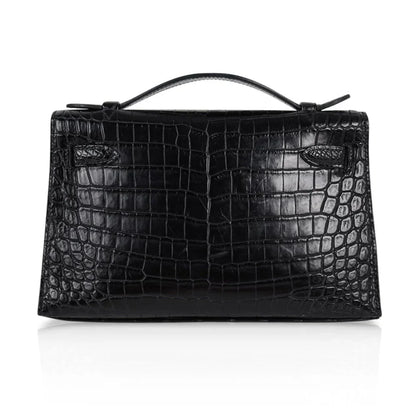 Kelly Pochette Bag Matte Black Crocodile Clutch Palladium