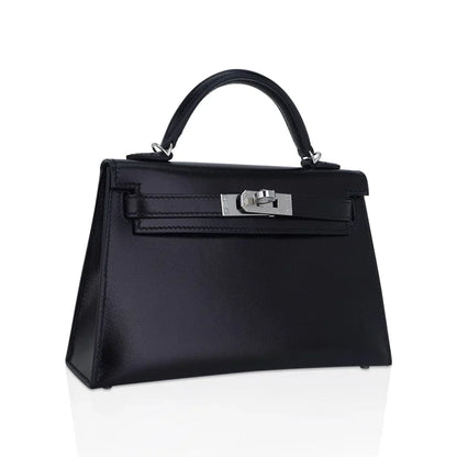 Kelly 20 Sellier Black Box Leather Mini Bag Palladium Hardware