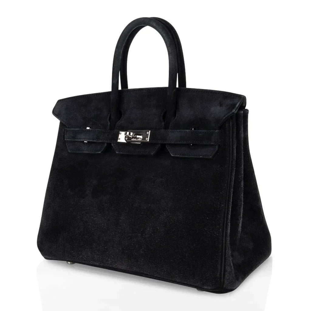 Birkin 25 Bag Black Doblis Suede with Palladium Hardware