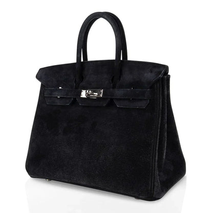 Birkin 25 Bag Black Doblis Suede with Palladium Hardware