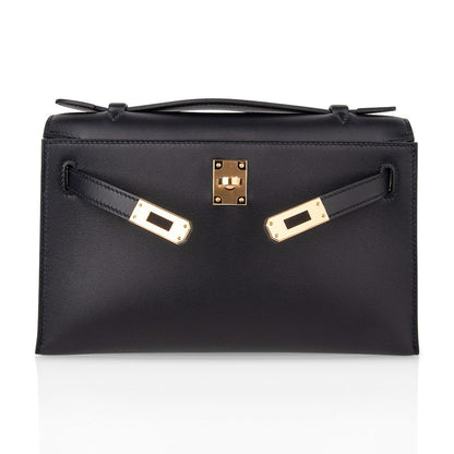 Kelly Pochette Bag Black Swift Leather with Gold Hardware