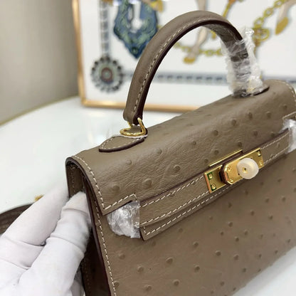 Kelly II Mini Gris Tourterelle Ostrich Gold Hardware