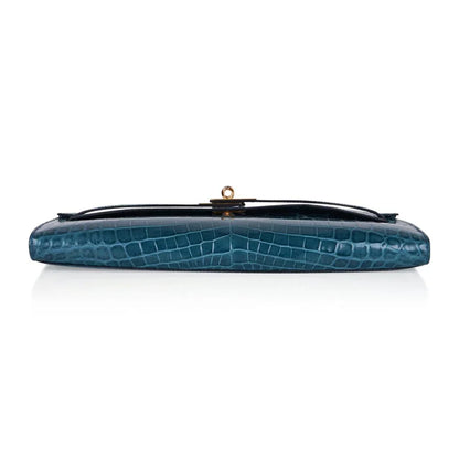 Kelly Cut Bag Blue Colvert Crocodile with Gold Hardware