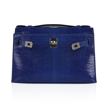 Kelly Pochette Bag Blue Sapphire Lizard Clutch Palladium Hardware