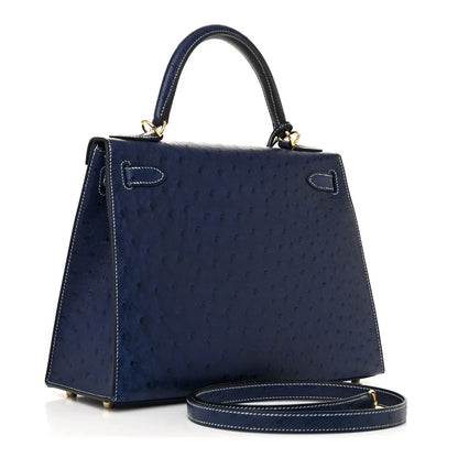 Kelly 25 Bleu Iris Sellier Ostrich Gold Hardware