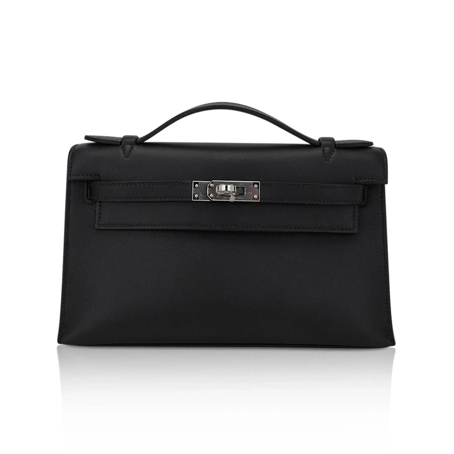 Kelly Pochette Clutch Bag Black Swift Leather with Palladium Hardware