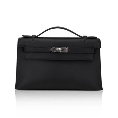 Kelly Pochette Clutch Bag Black Swift Leather with Palladium Hardware