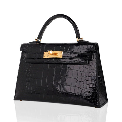 Kelly 20 Mini Sellier Bag Black Alligator Gold Hardware