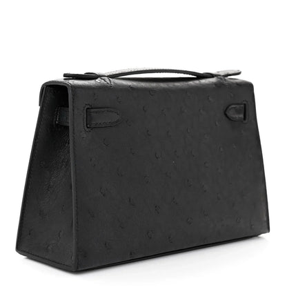 Kelly Pochette Black Ostrich Clutch Gold Hardware