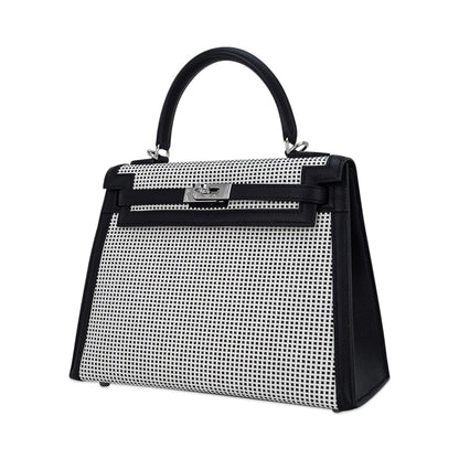 Kelly 25 Sellier Bag Quadrille Black & White Viking Toile Swift Leather with Palladium Hardware