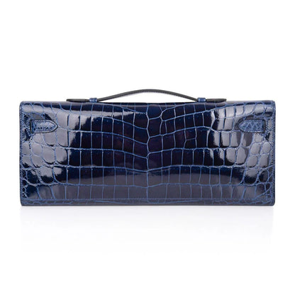 Kelly Cut Blue Sapphire Crocodile Clutch Bag Gold Hardware