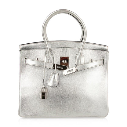 Limited Edition Birkin 30 Bag Silver Metallic Chevre Leather with Palladium Hardware