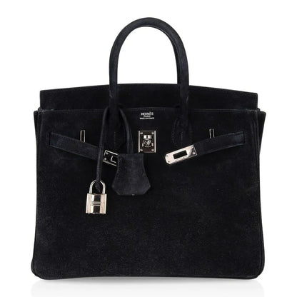 Birkin 25 Bag Black Doblis Suede with Palladium Hardware