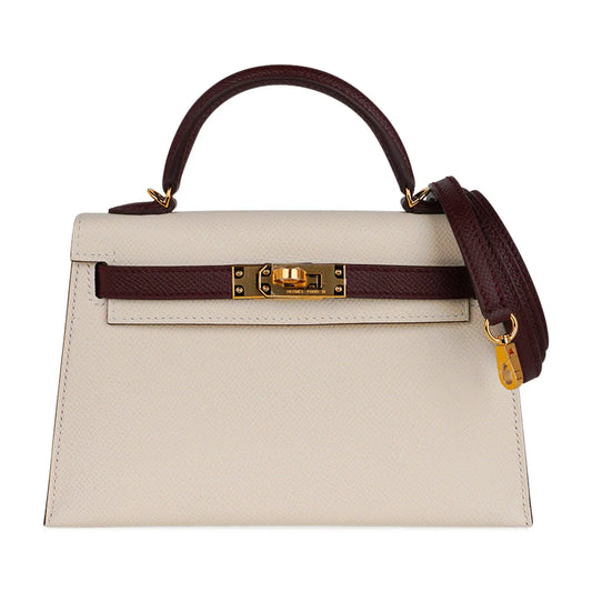 Special Order HSS Mini Kelly 20 Sellier Bag Nata & Bordeaux Epsom Leather with Gold Hardware