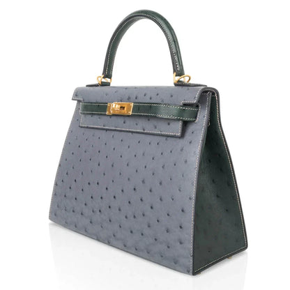 Kelly Sellier 28 HSS Bag Gris Agate / Vert Titien Ostrich Gold Hardware