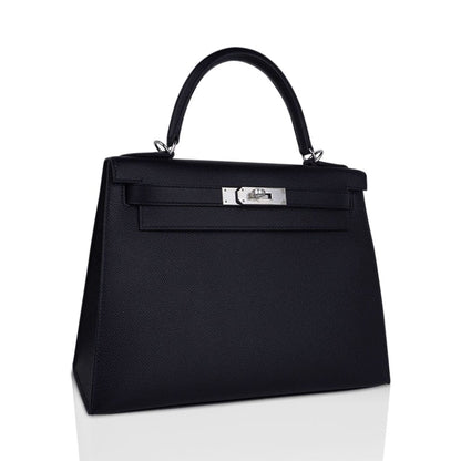 Kelly 28 Sellier Bag Black Epsom Leather with Palladium Hardware