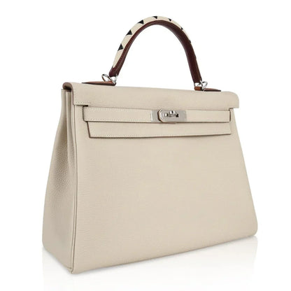 Limited Edition Kelly 32 Retourne Bag Au Galop Craie Togo Leather with Palladium Hardware