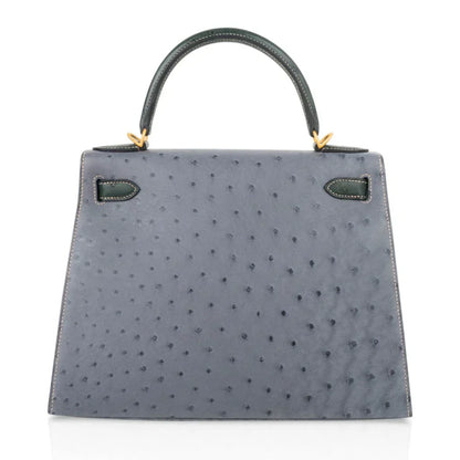 Kelly Sellier 28 HSS Bag Gris Agate / Vert Titien Ostrich Gold Hardware