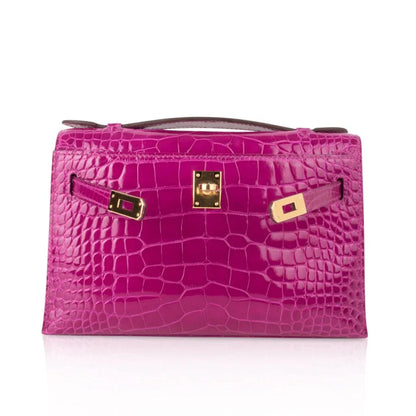 Kelly Pochette Clutch Bag Rose Scheherazade Pink Alligator Gold Hardware