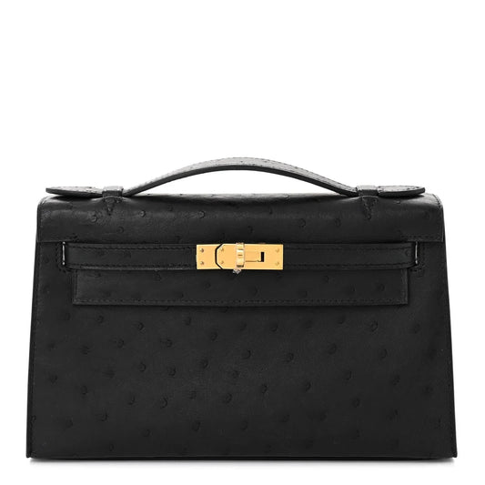 Kelly Pochette Black Ostrich Clutch Gold Hardware
