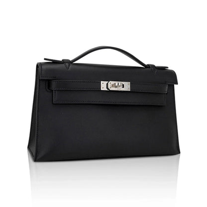 Kelly Pochette Clutch Bag Black Swift Leather with Palladium Hardware