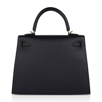 Kelly Sellier 25 Bag Black Epsom Gold Hardware New