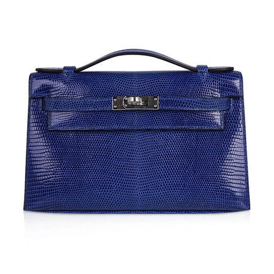 Kelly Pochette Bag Blue Sapphire Lizard Clutch Palladium Hardware